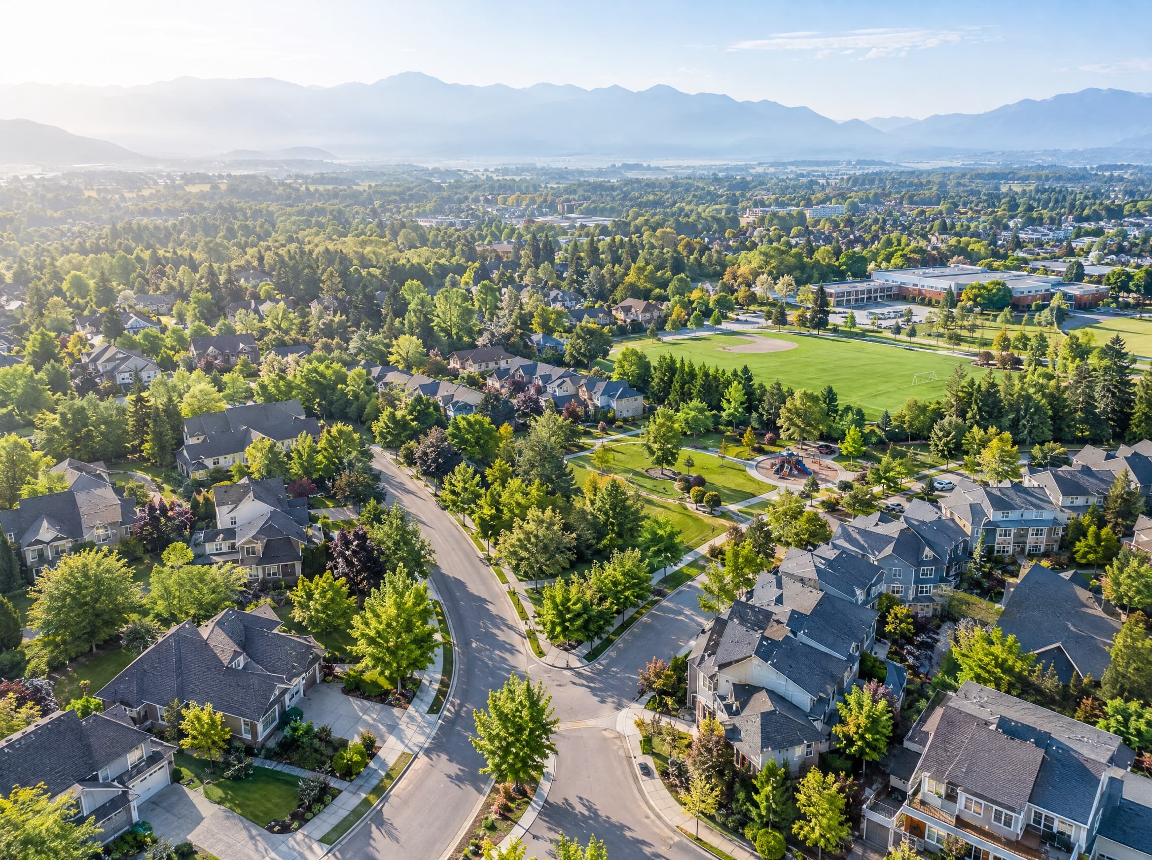 Aerial view of a leafy suburban neighbourhood with a school field at golden hour