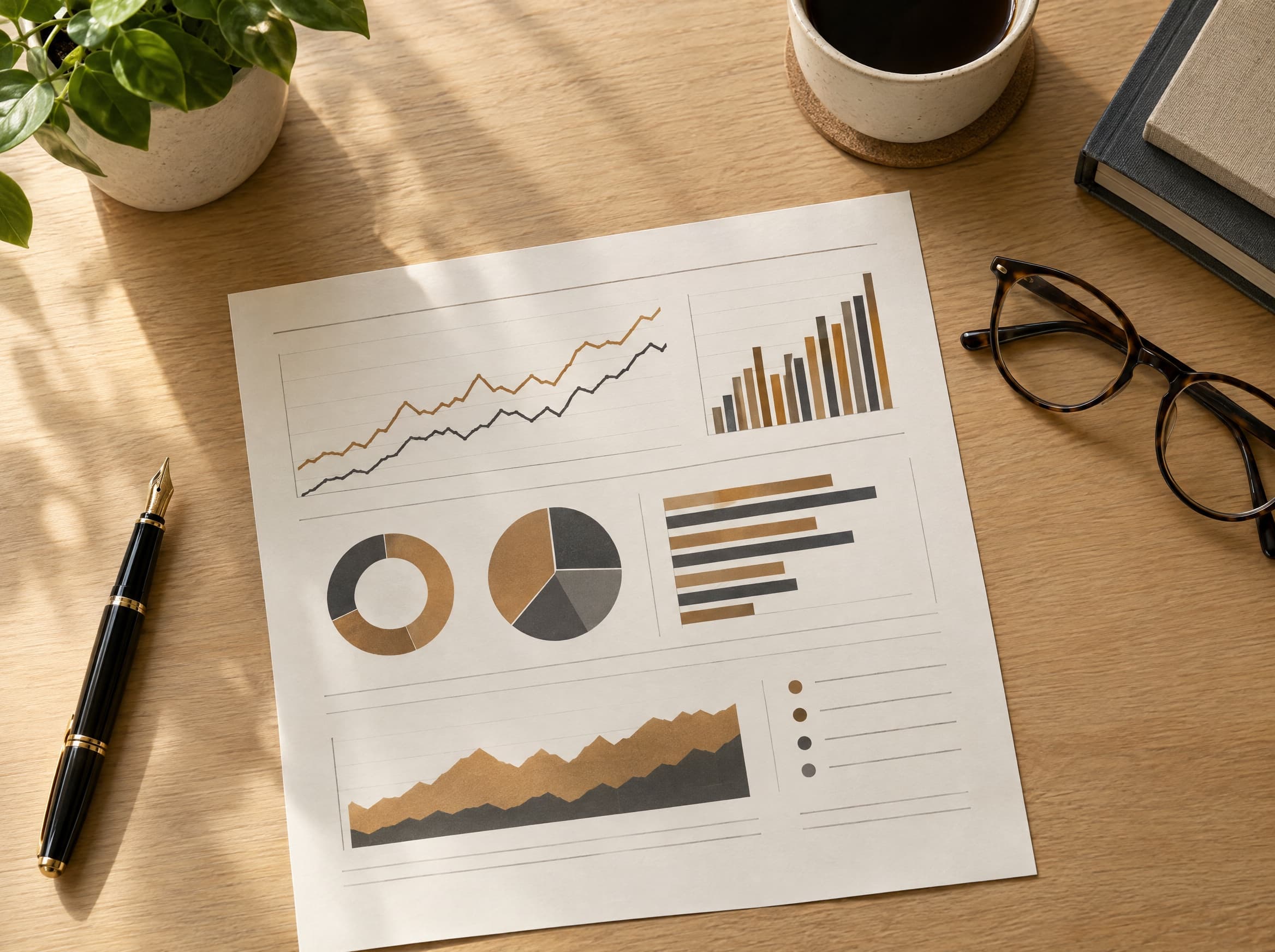 A printed market report with navy and gold charts, reading glasses and a fountain pen on a desk