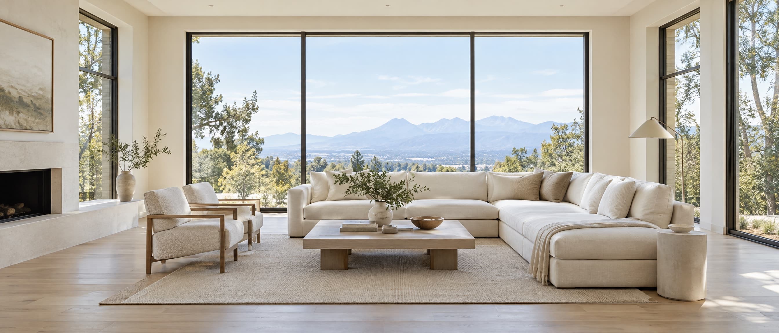 Calm contemporary living room with floor-to-ceiling windows overlooking water and mountains