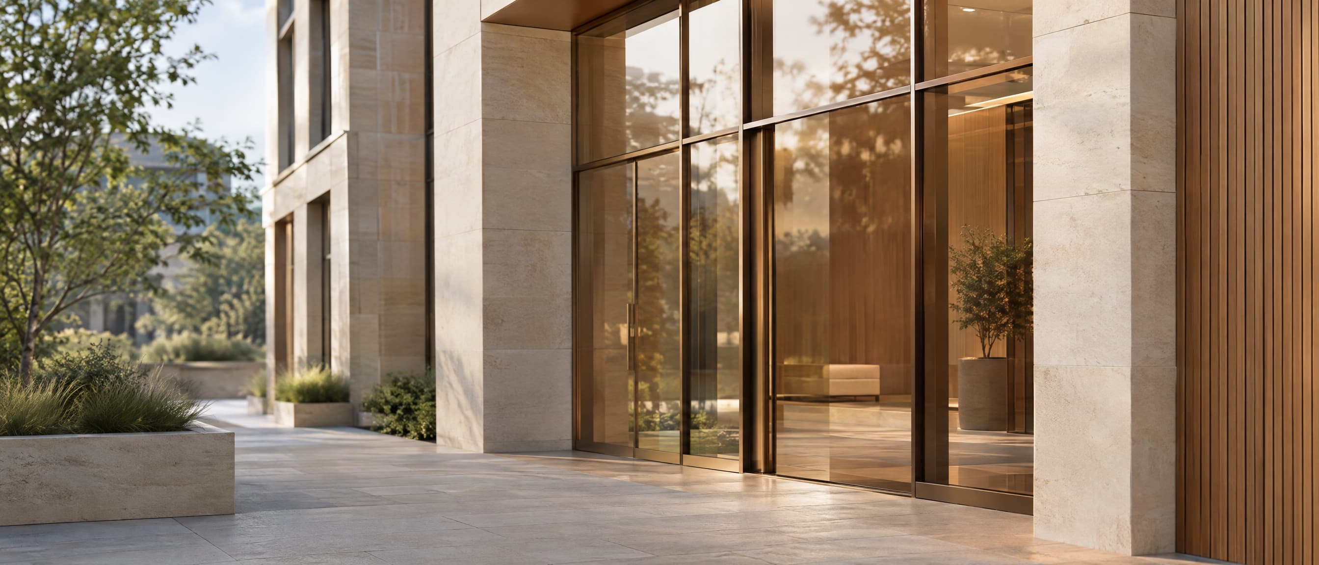 Bronze-framed commercial storefront glazing at dusk with light on a wet sidewalk