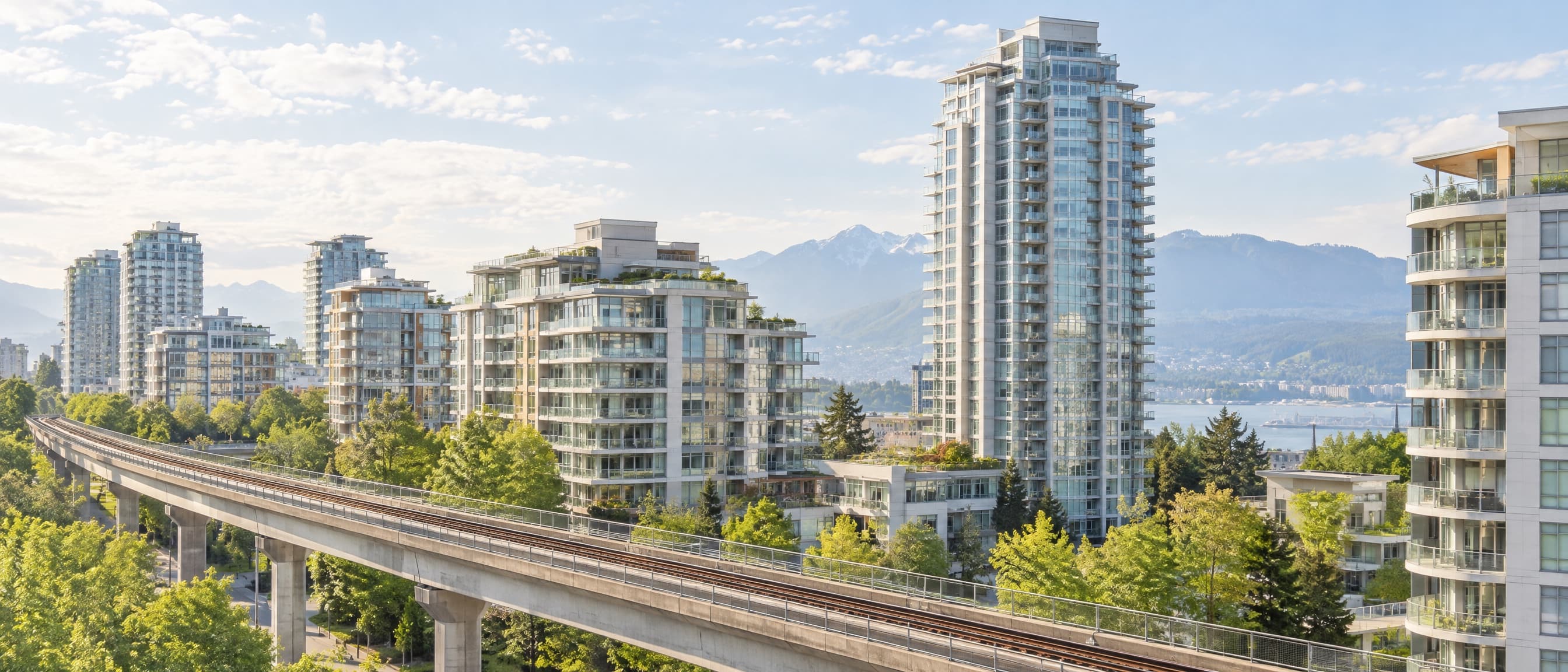 Residential towers at blue hour beside an elevated rapid transit line with mountains behind
