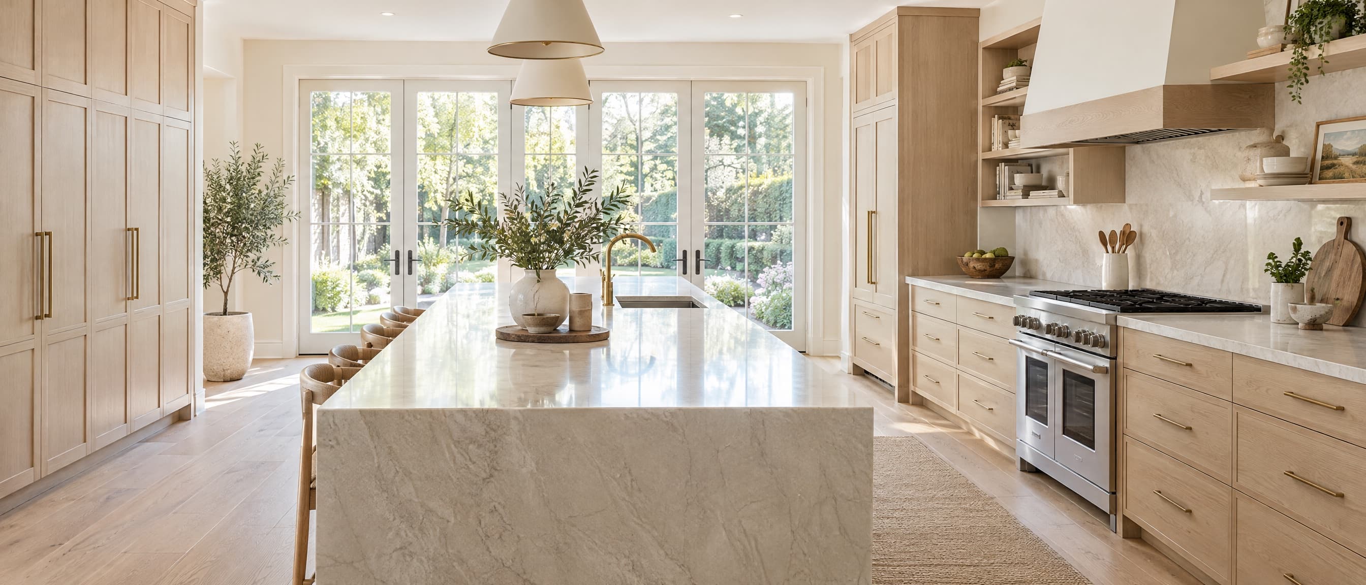 Warm evening kitchen with a stone island and glass doors open to a dusk garden