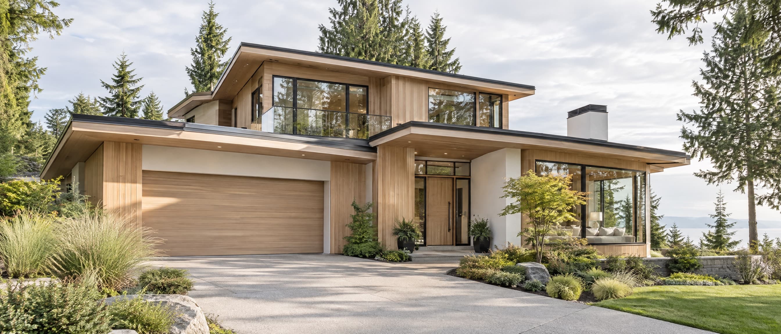 Modern West Coast home at dusk with warm interior light and a wet driveway reflecting the sky