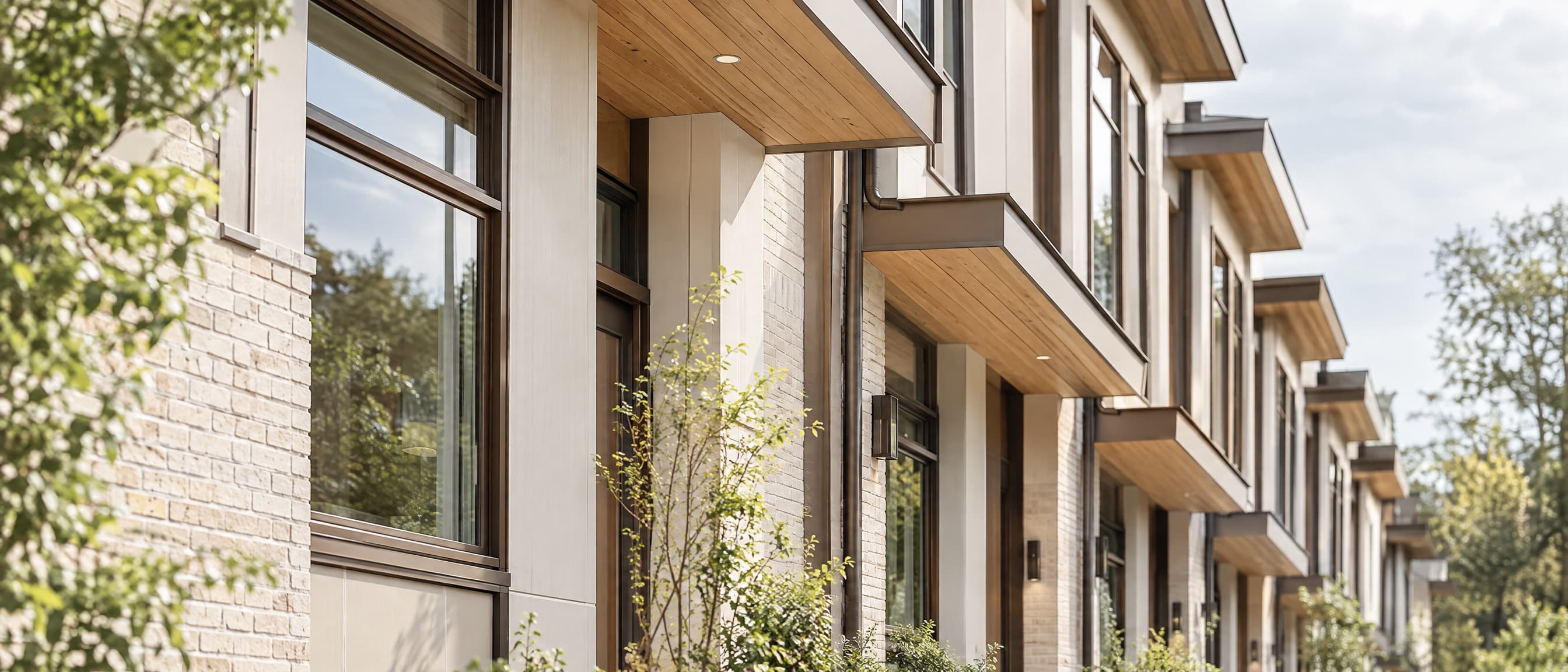 Detail of a modern townhome row with cedar soffits, black window frames and brick