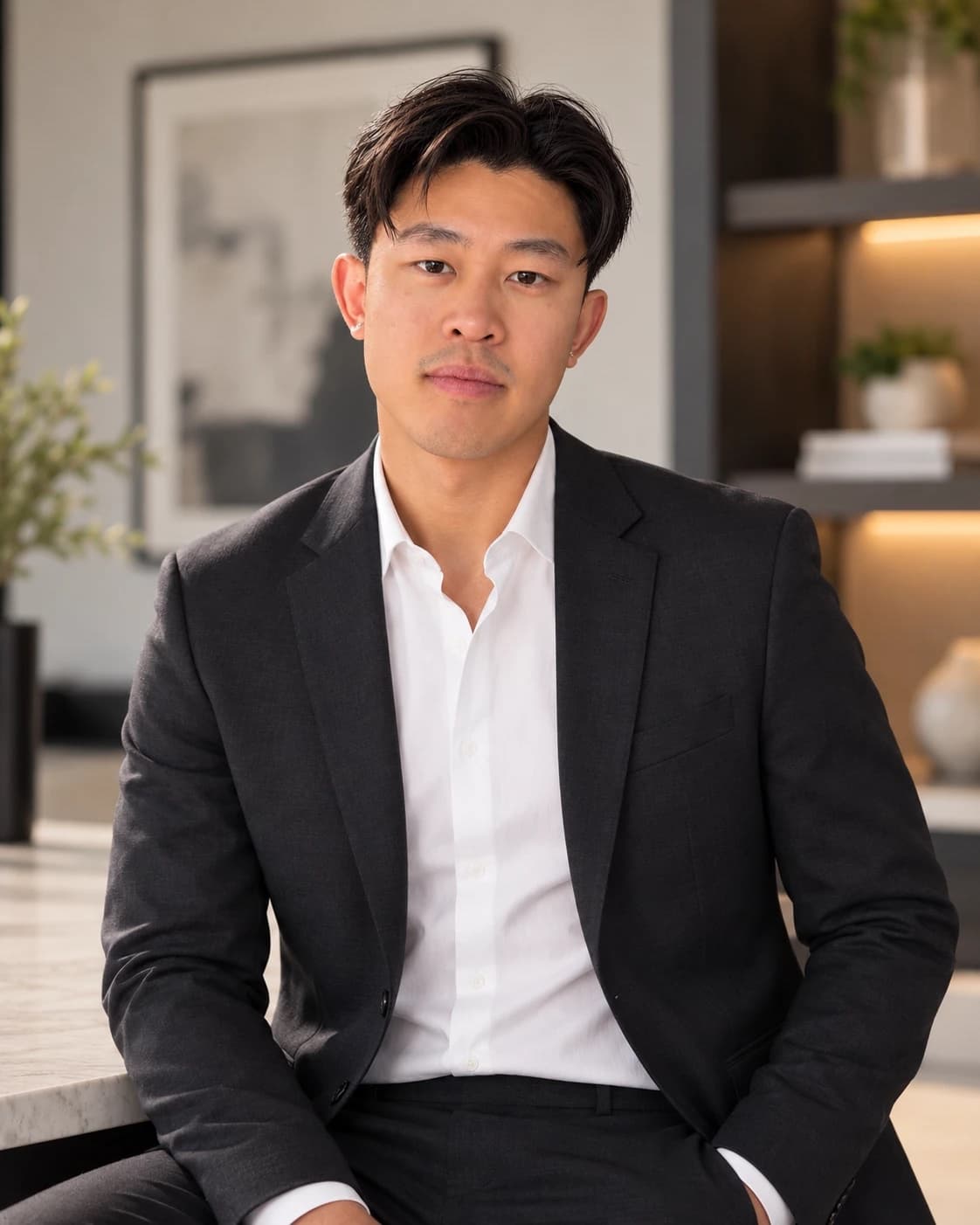 Mervin Truong in a charcoal suit leaning on a marble counter in a modern interior