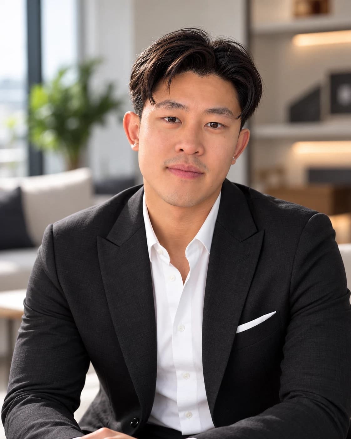 Mervin Truong seated in a dark suit and white shirt in a bright, modern living room