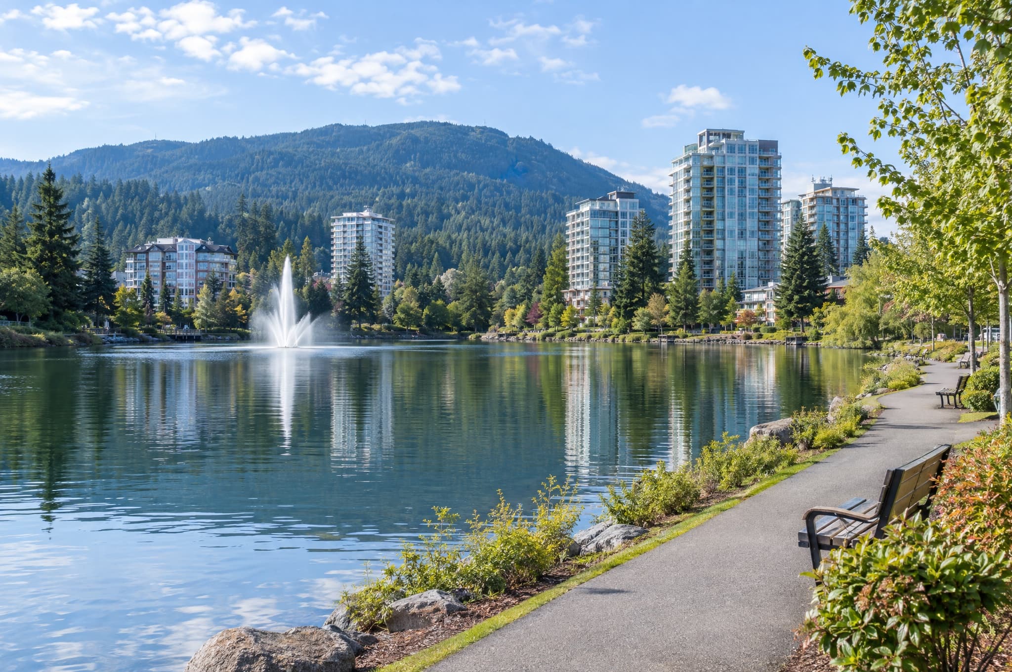 Urban lake with a lit fountain, towers and evergreen hills reflected at evening