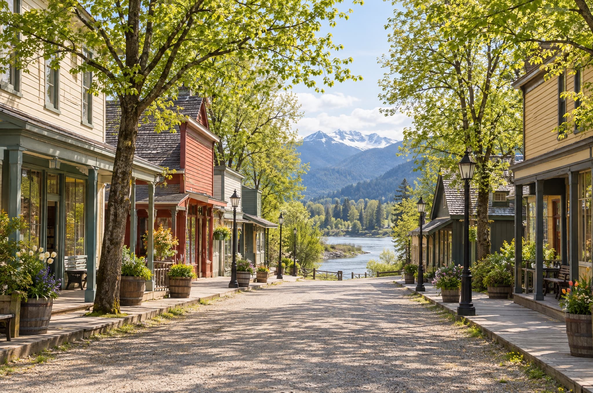 Heritage village main street in autumn with mature maples