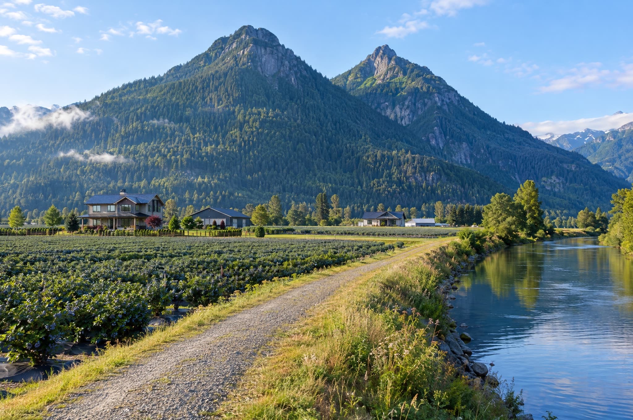 Farmland and a dyke trail beside a slow river with twin forested peaks behind