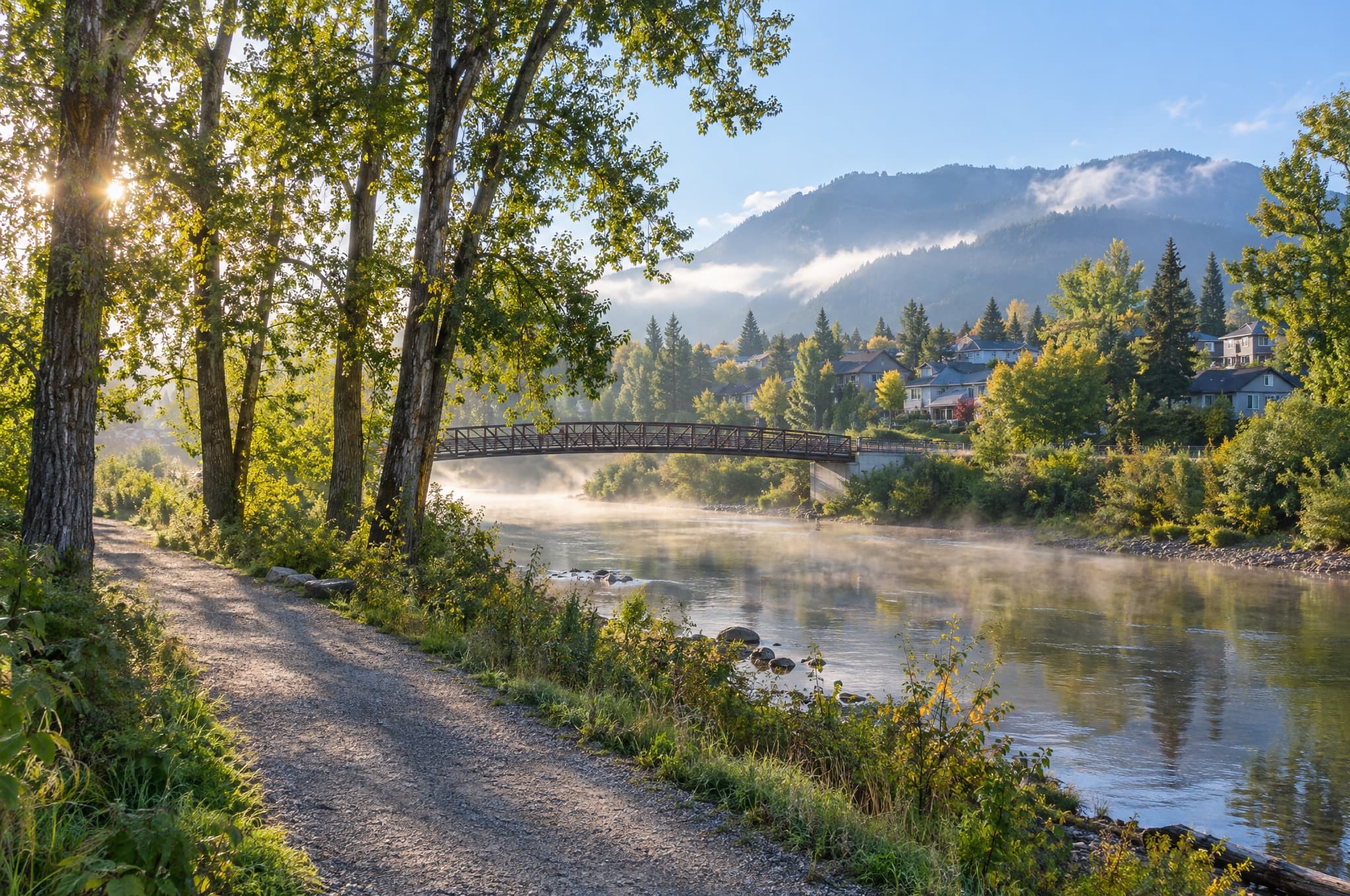Riverside trail with cottonwoods and a pedestrian bridge in morning mist