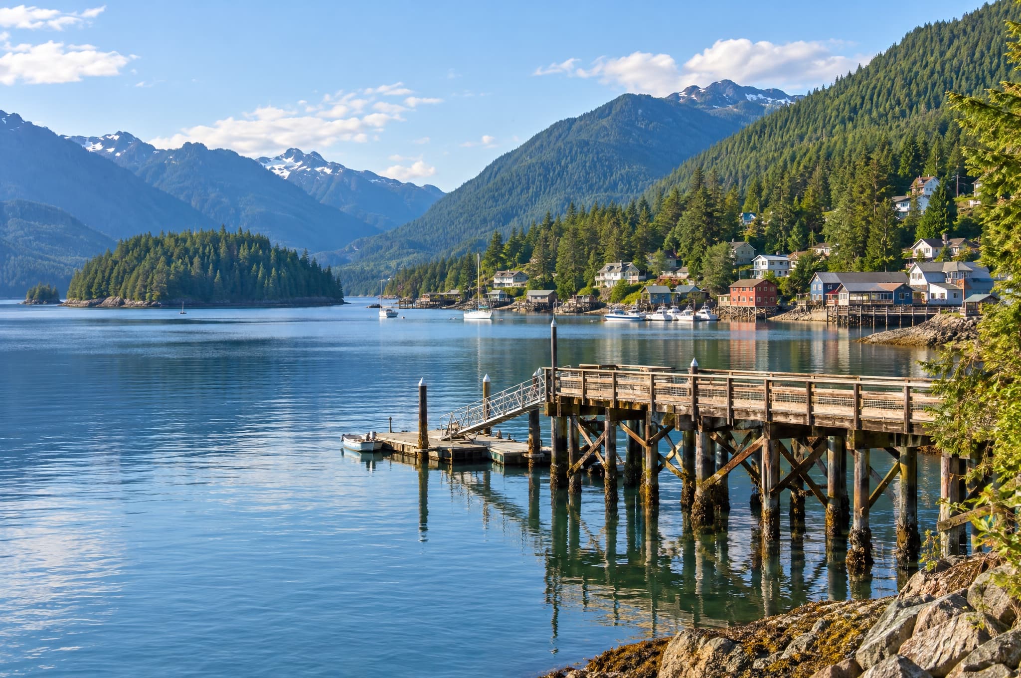 Sunset over a sheltered inlet with a wooden pier and forested mountains