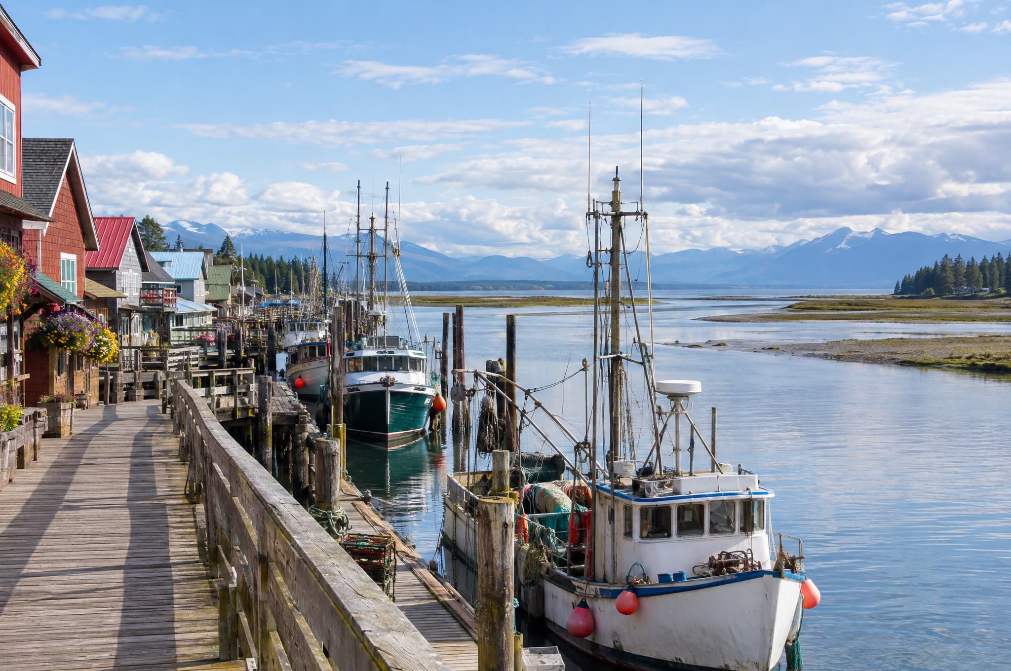 Historic fishing village boardwalk with moored boats at golden hour