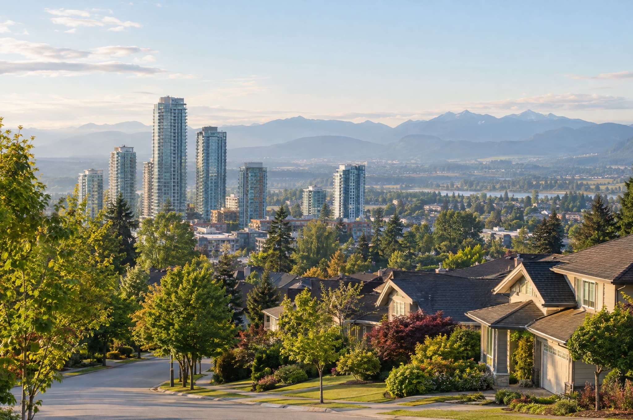 New towers rising behind tree-lined residential streets at dusk