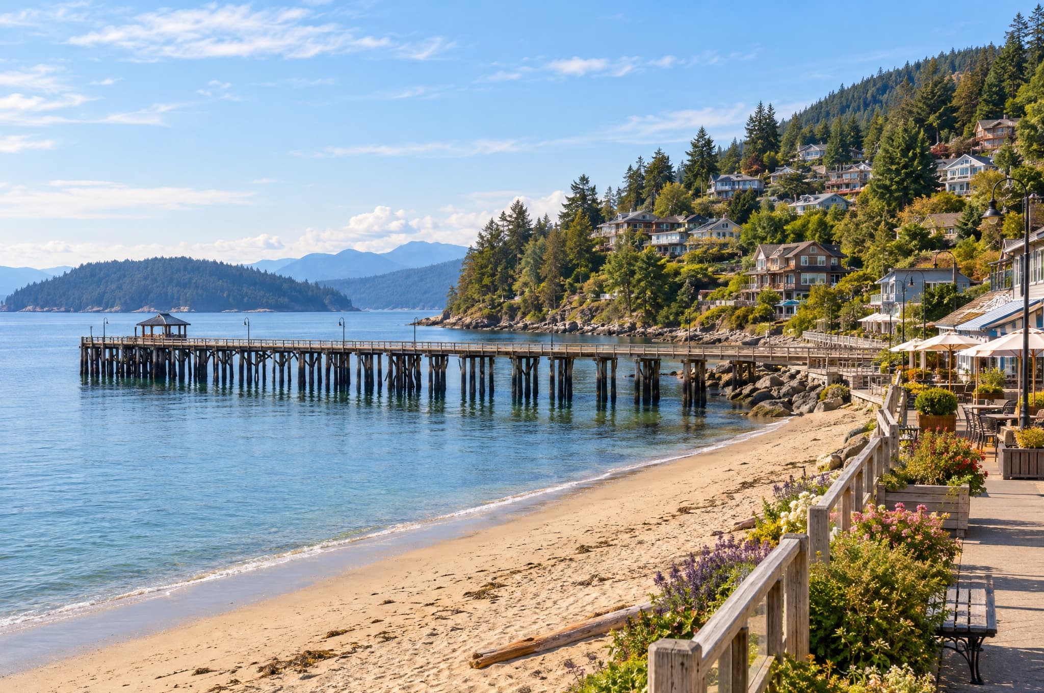A long wooden pier into a calm bay with a beach promenade and hillside homes